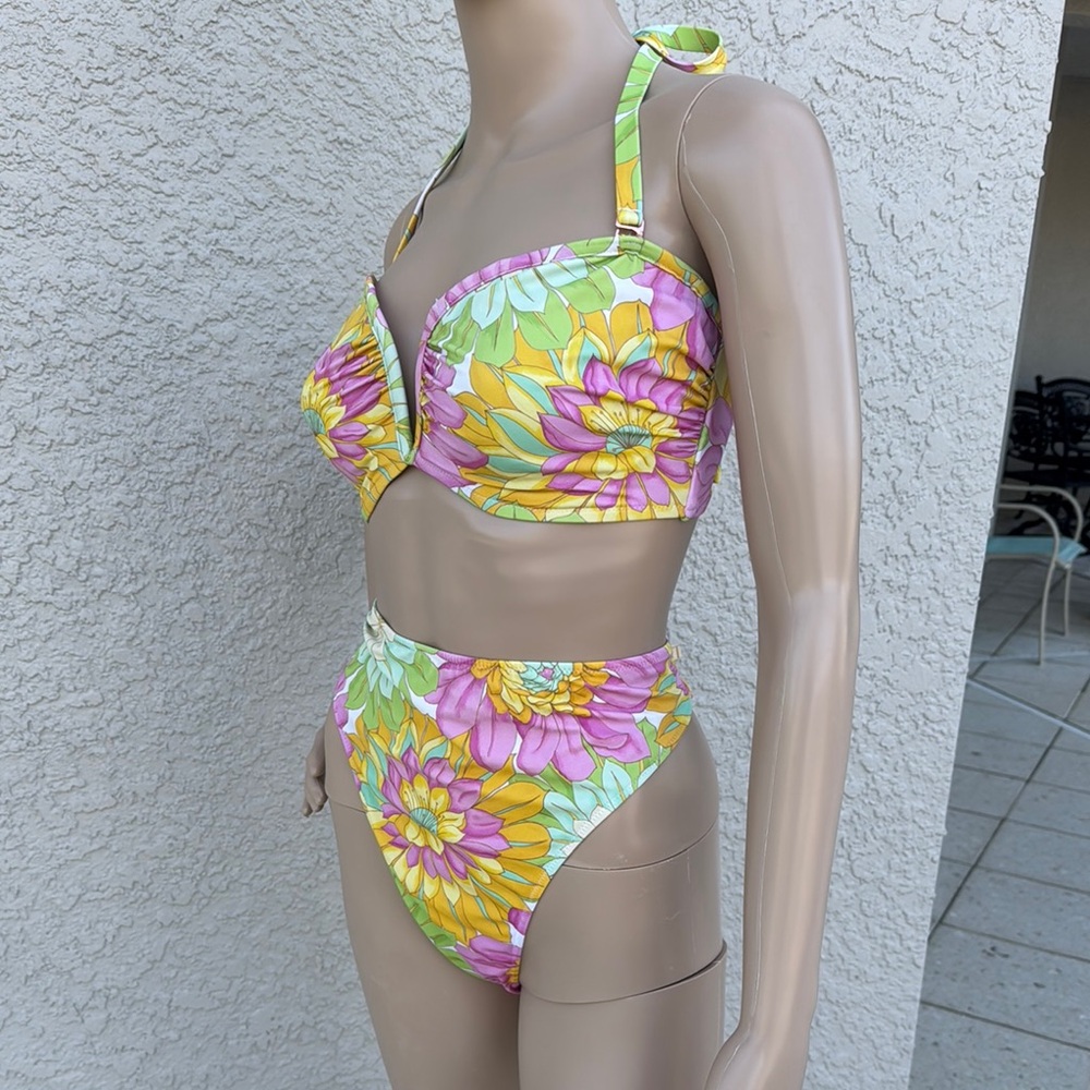 Shade & Shore Pink and Yellow Bikini Set with High-Waisted Bottom